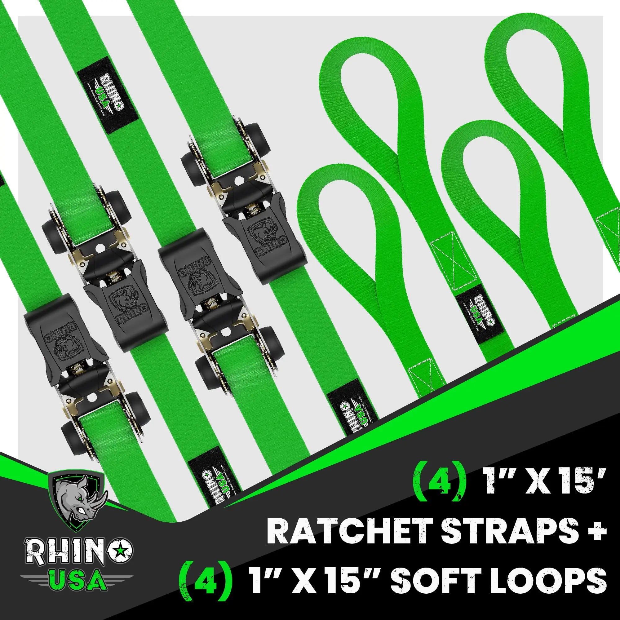 Rhino USA Ratchet Tie Down Straps (4PK) - Includes (4) Premium 1" x 15' Rachet ) Rhino USA