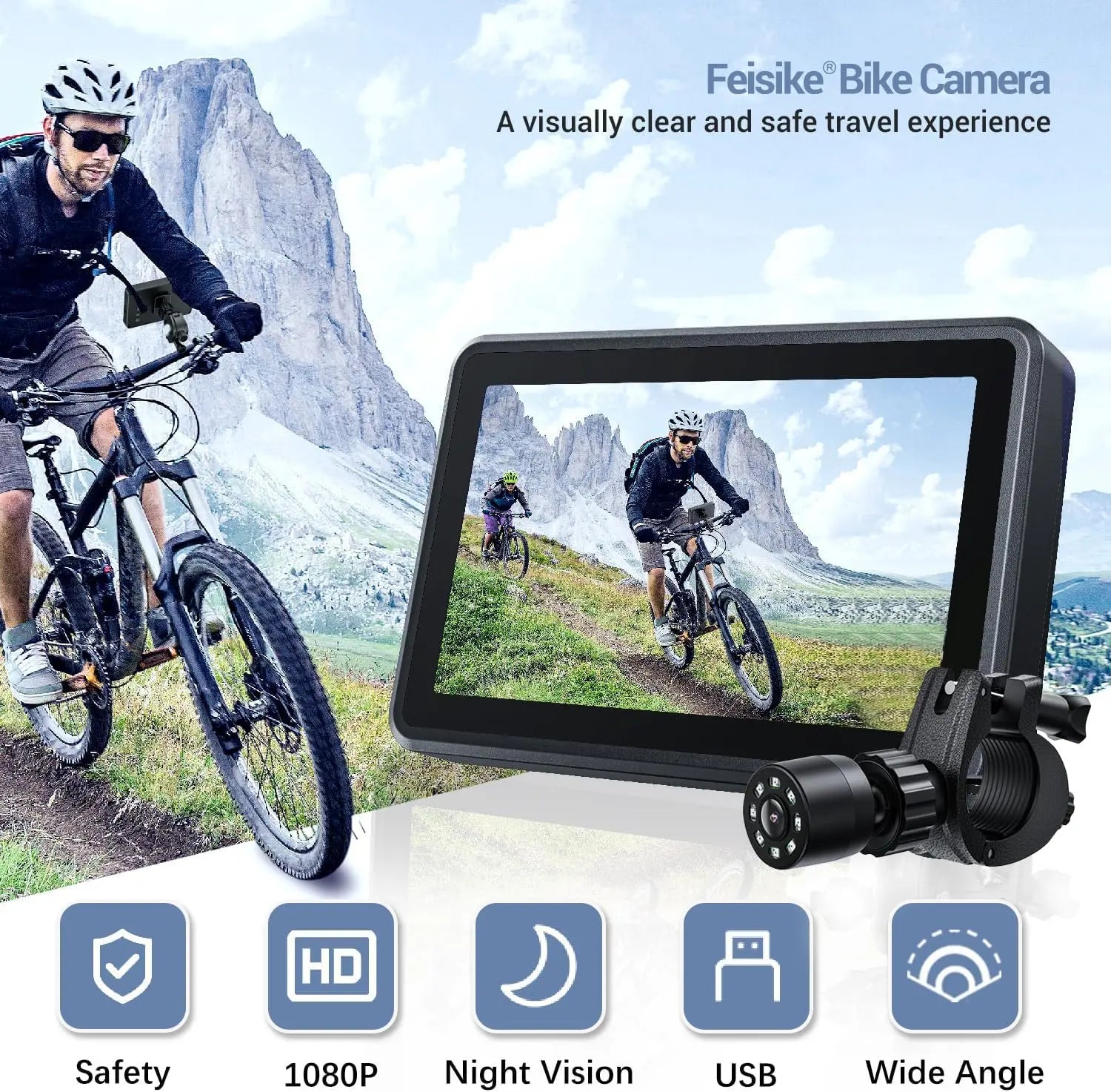 FEISIKE 4.3" HD Bike Mirror with Night Vision & Wide Angle FEISIKE