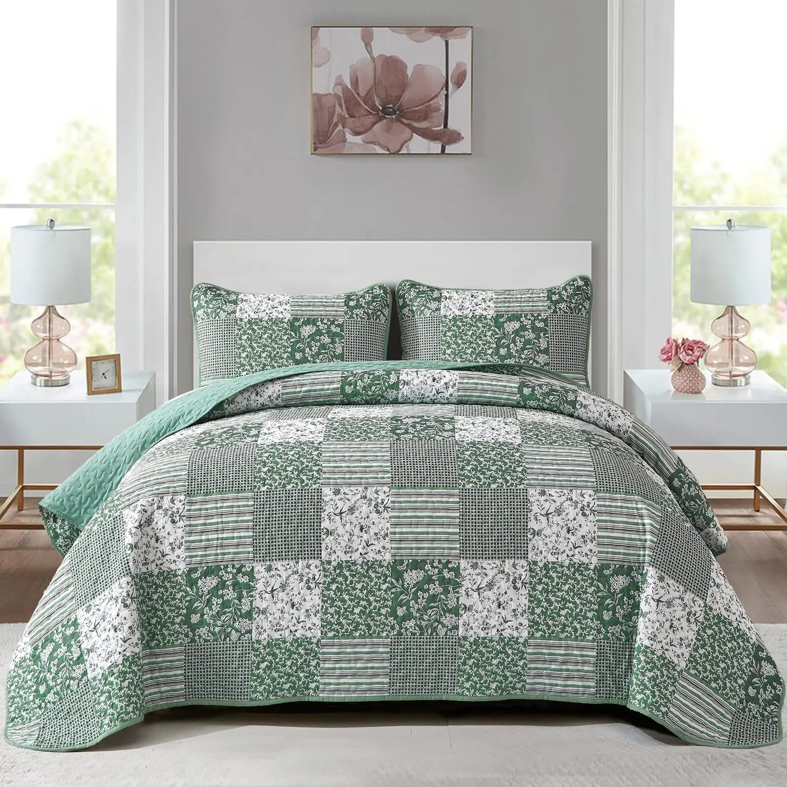 Mybedsoul Sage Green Boho King Quilt Set - 3-Piece Reversible Mybedsoul