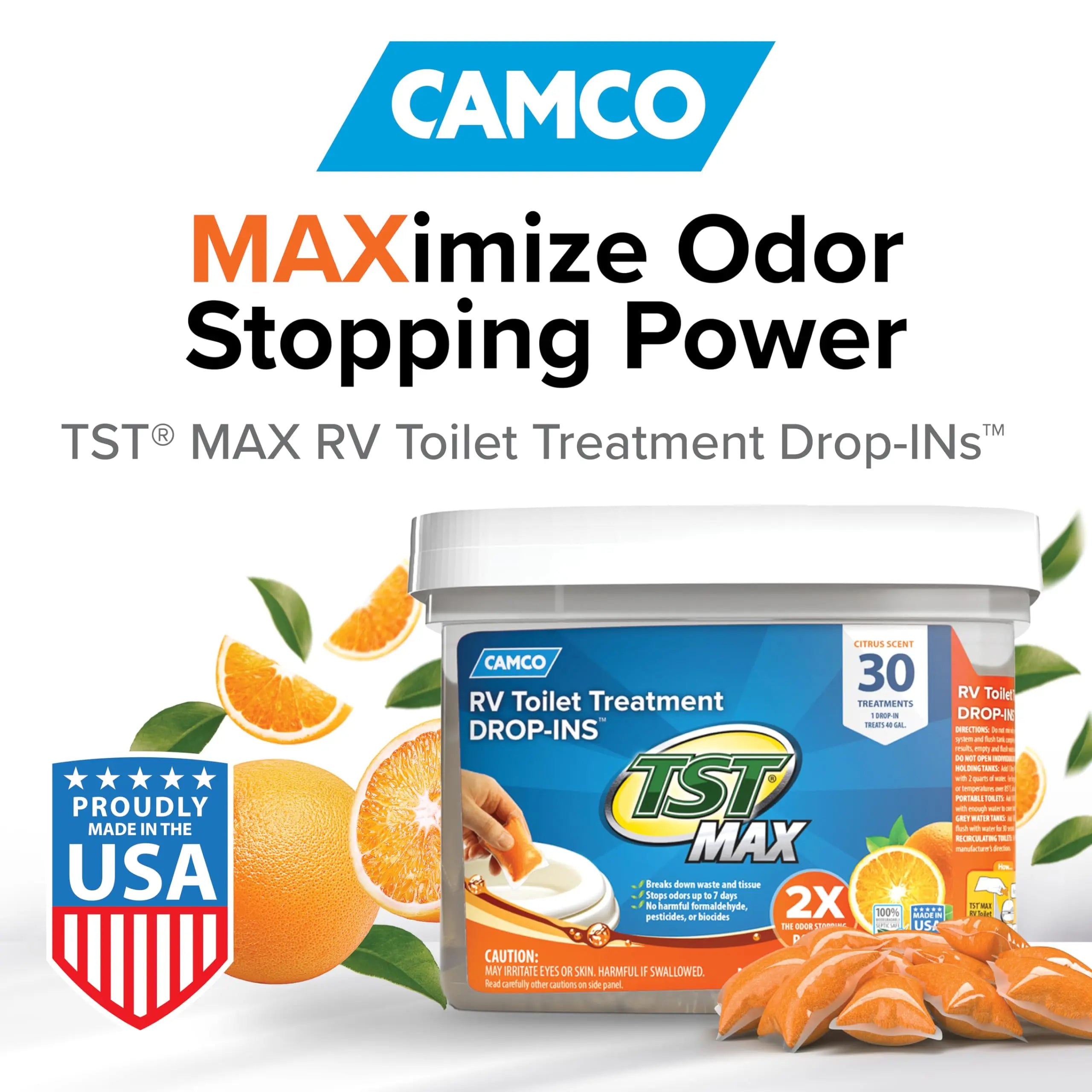 Camco TST MAX RV Toilet Drop-Ins - 30-Pack Citrus Odor Eliminator Camco