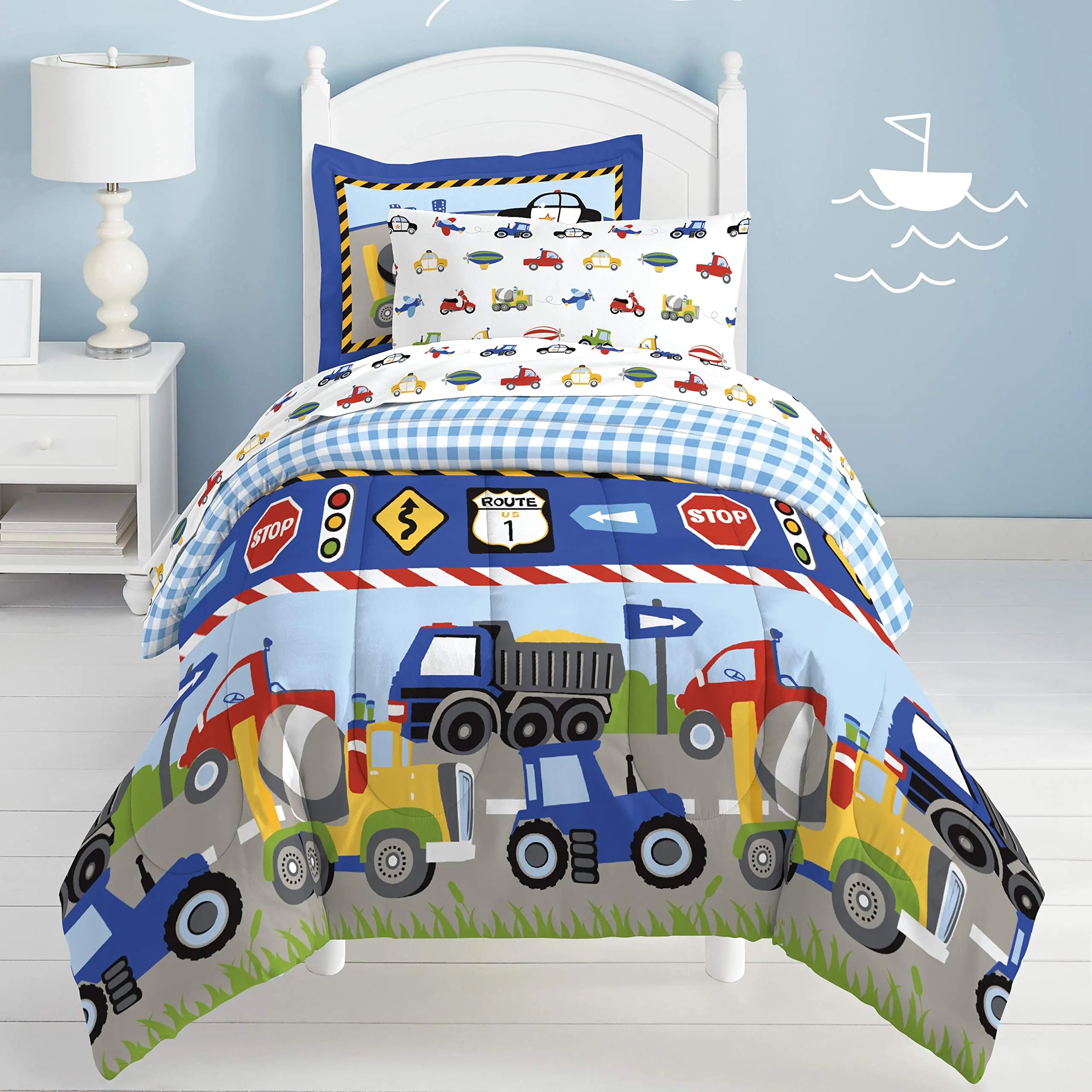 Dream Factory 5-Piece Bedding Set - Trucks, Tractors & Cars, Twin Size, Blue & Red dream FACTORY