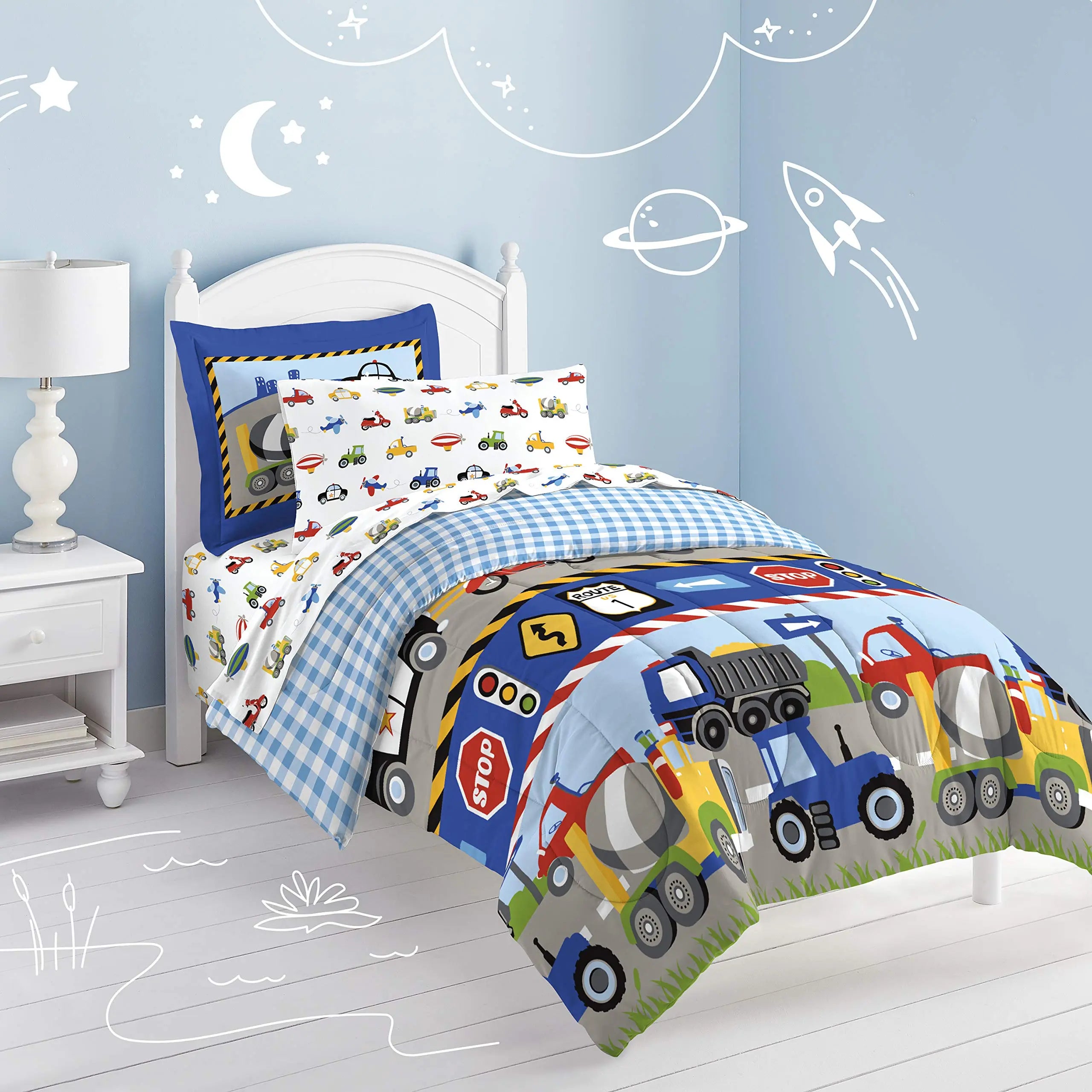 Dream Factory 5-Piece Bedding Set - Trucks, Tractors & Cars, Twin Size, Blue & Red dream FACTORY