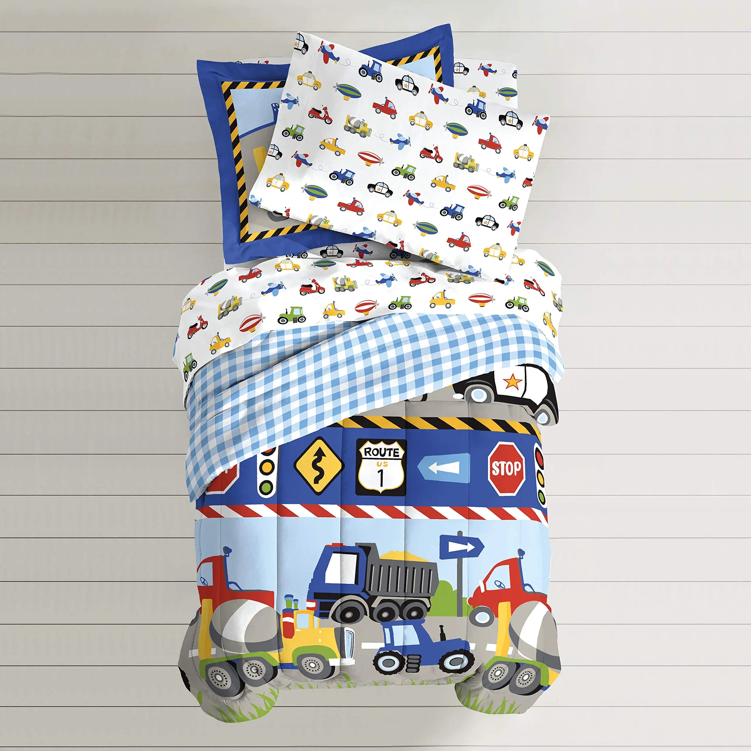 Dream Factory 5-Piece Bedding Set - Trucks, Tractors & Cars, Twin Size, Blue & Red dream FACTORY