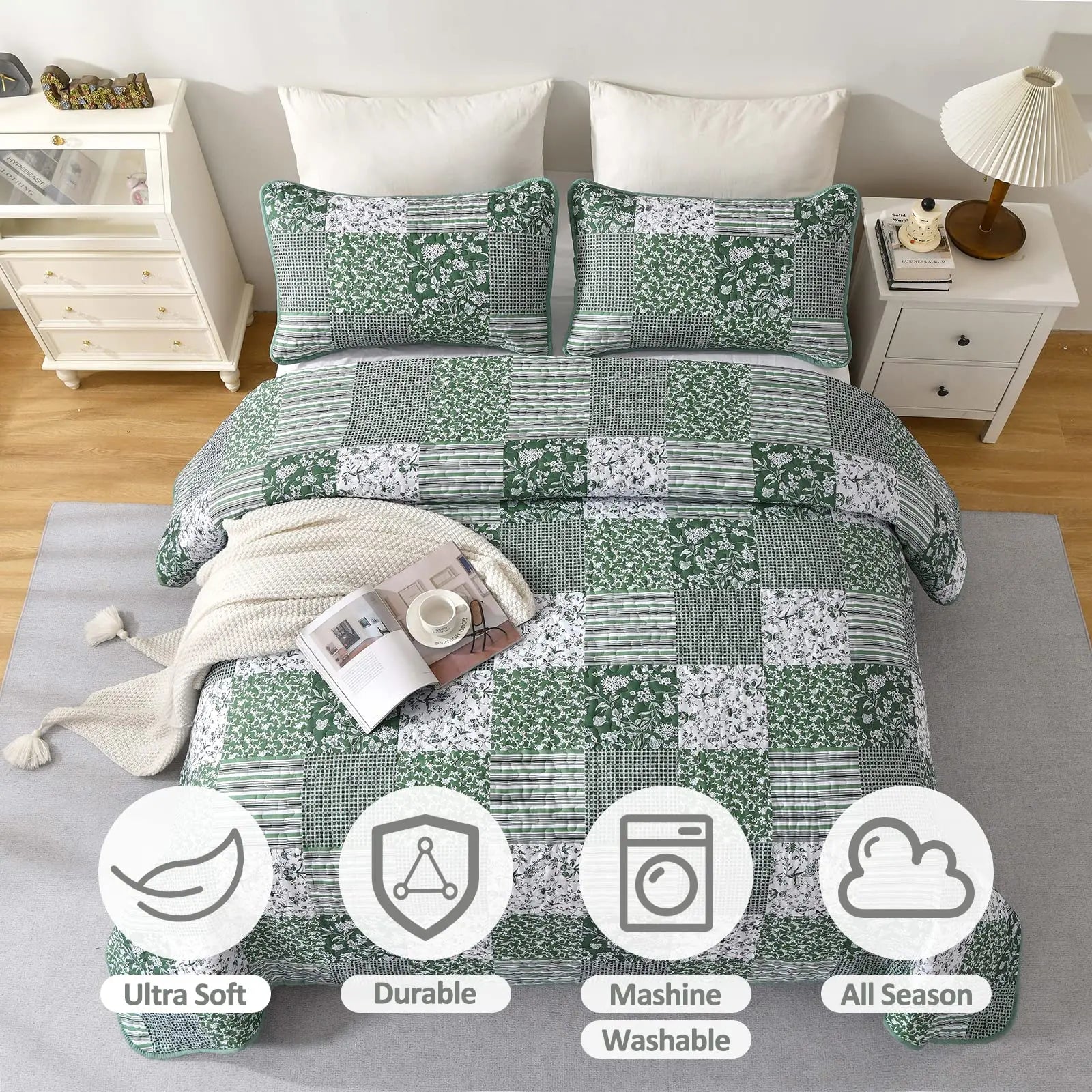 Mybedsoul Sage Green Boho King Quilt Set - 3-Piece Reversible Mybedsoul