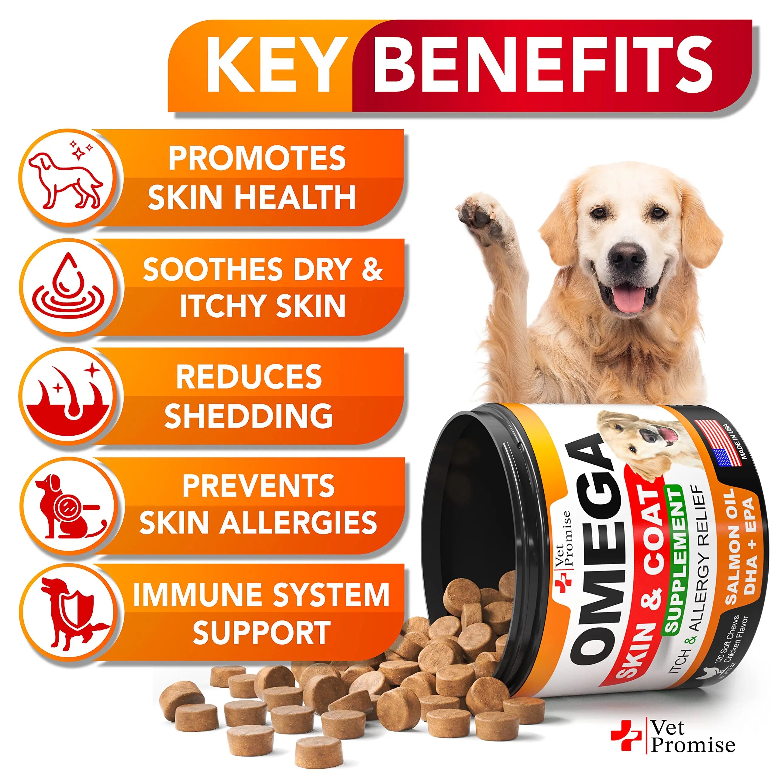 Omega 3 Fish Oil for Dogs - Skin & Coat Chews (120 Treats) Vet Promise