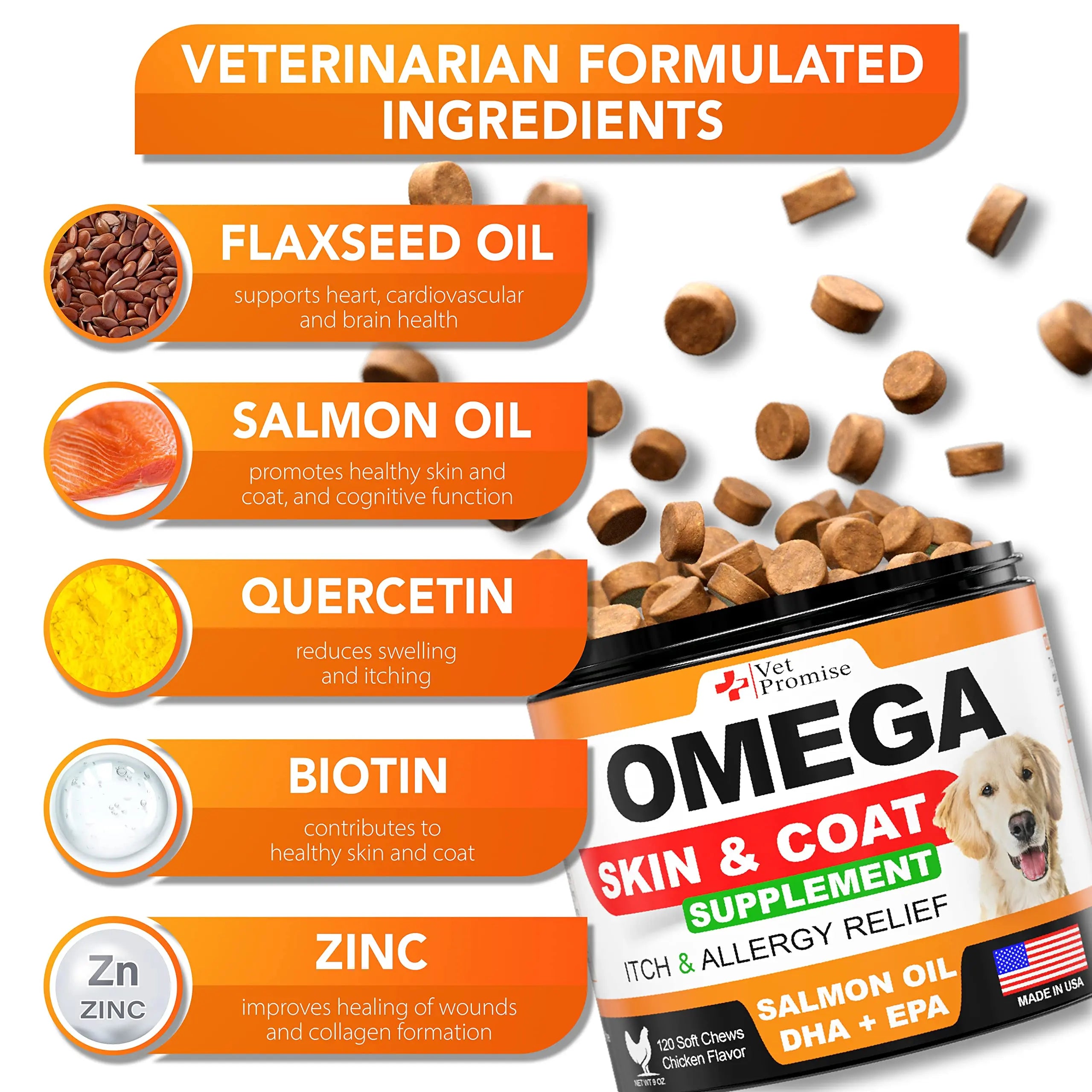 Omega 3 Fish Oil for Dogs - Skin & Coat Chews (120 Treats) Vet Promise