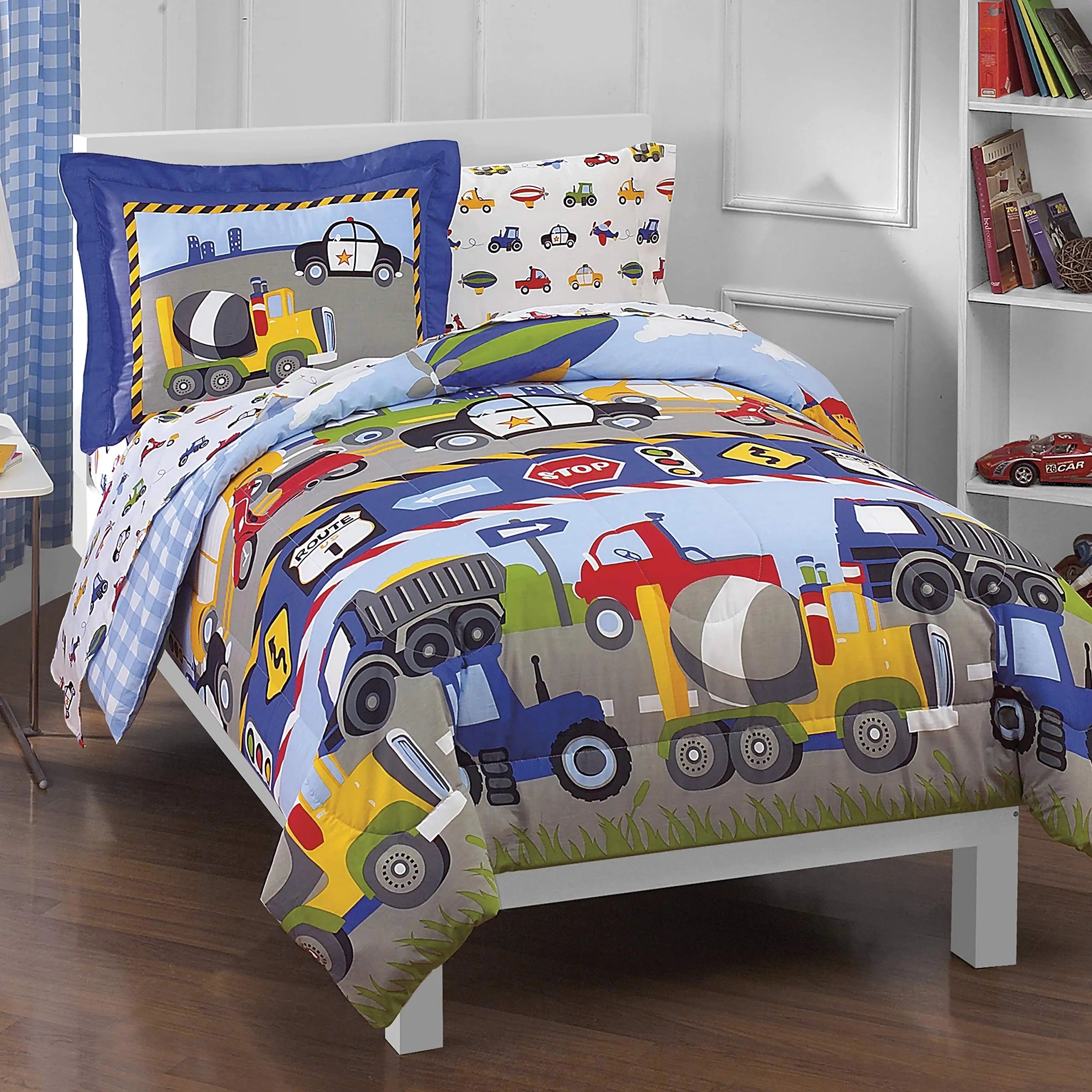 Dream Factory 5-Piece Bedding Set - Trucks, Tractors & Cars, Twin Size, Blue & Red dream FACTORY