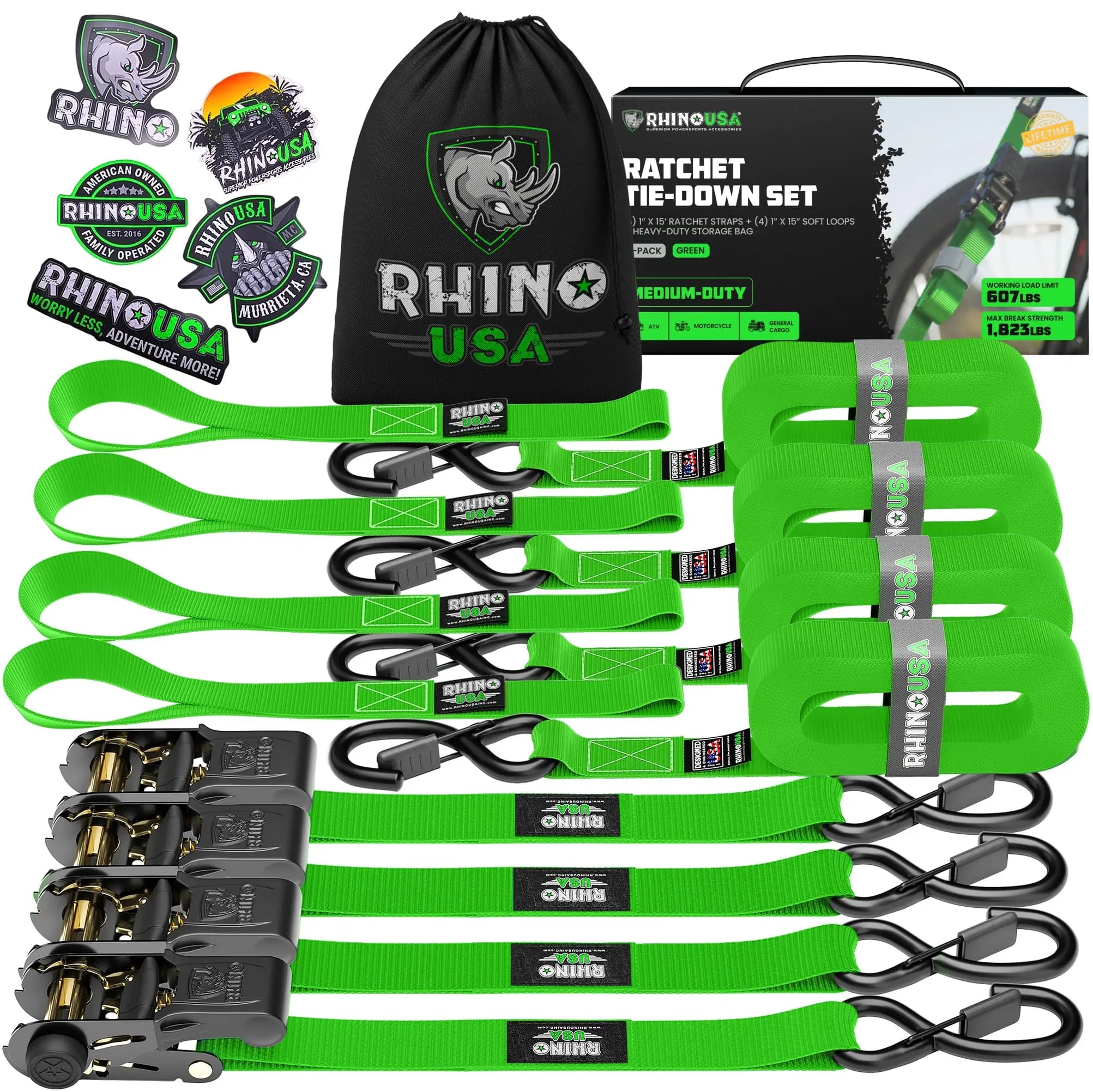 Rhino USA Ratchet Tie Down Straps (4PK) - Includes (4) Premium 1" x 15' Rachet ) Rhino USA